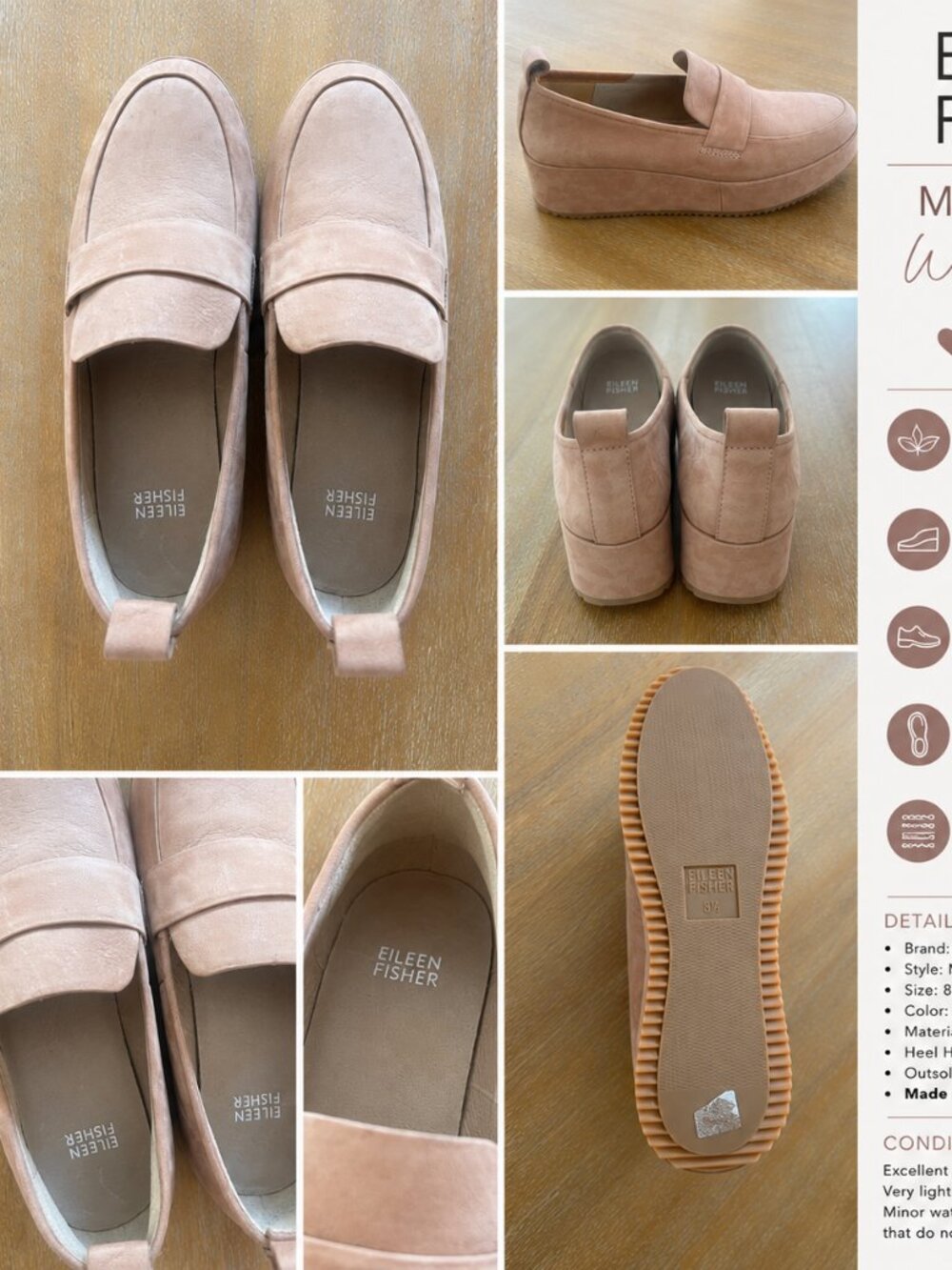 NEW Eileen Fisher Max Nubuck Suede Wedge Loafers Barley Size 8.5. RETAIL $210